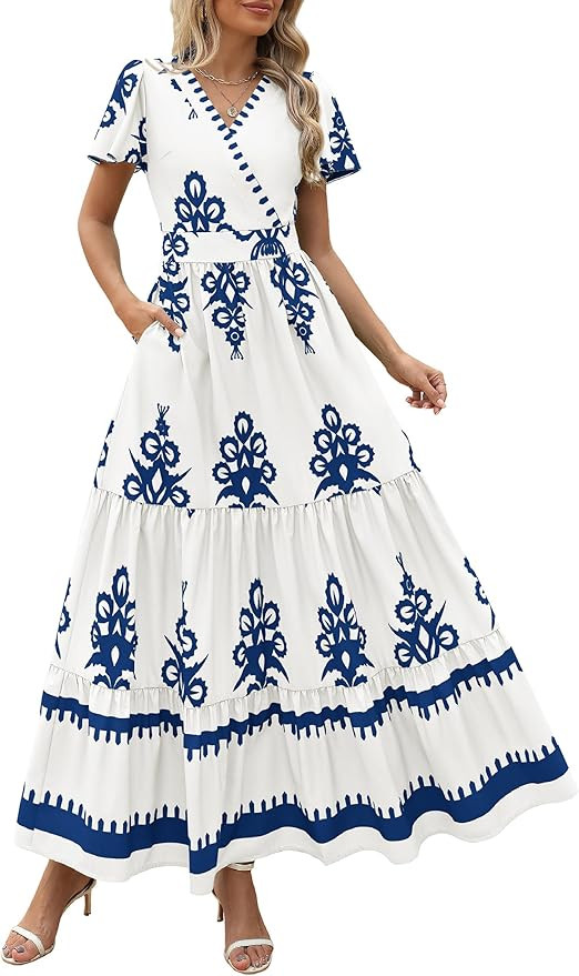 PRETTYGARDEN Womens 2025 Summer Casual V Neck Boho Maxi Dress Flowy Aline Bell Sleeve Tiered Flor... | Amazon (US)