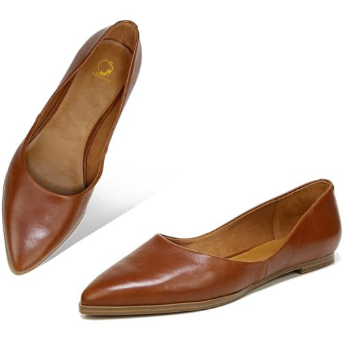 SHODENSE Women Brown Pointed Toe Flats Slip On Ballet Flats Matte Leather Comfort Flat Heel Dress Shoes Brown Closed Pointy Toe Flat Shoes Ladies Girls Work Casual Club Driver Flats Fall Tan 10 | Amazon (US)