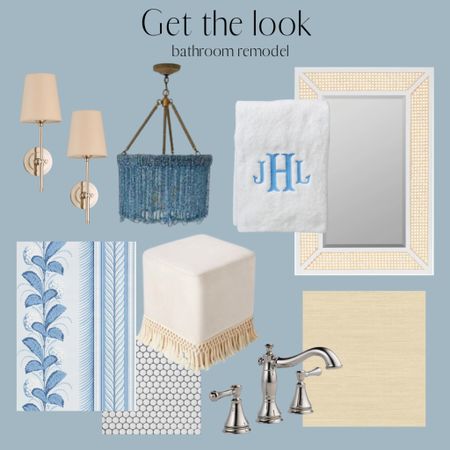 Shop to look, bathroom renovation, bathroom remodel, bathroom decor, wallpaper, peel and stick wallpaper, blue and white home, plumbing, faucet, light fixture, bathroom, beaded chandelier, traditional home decor, classic style, traditional decor, rattan, beaded, fringe, polished nickel 