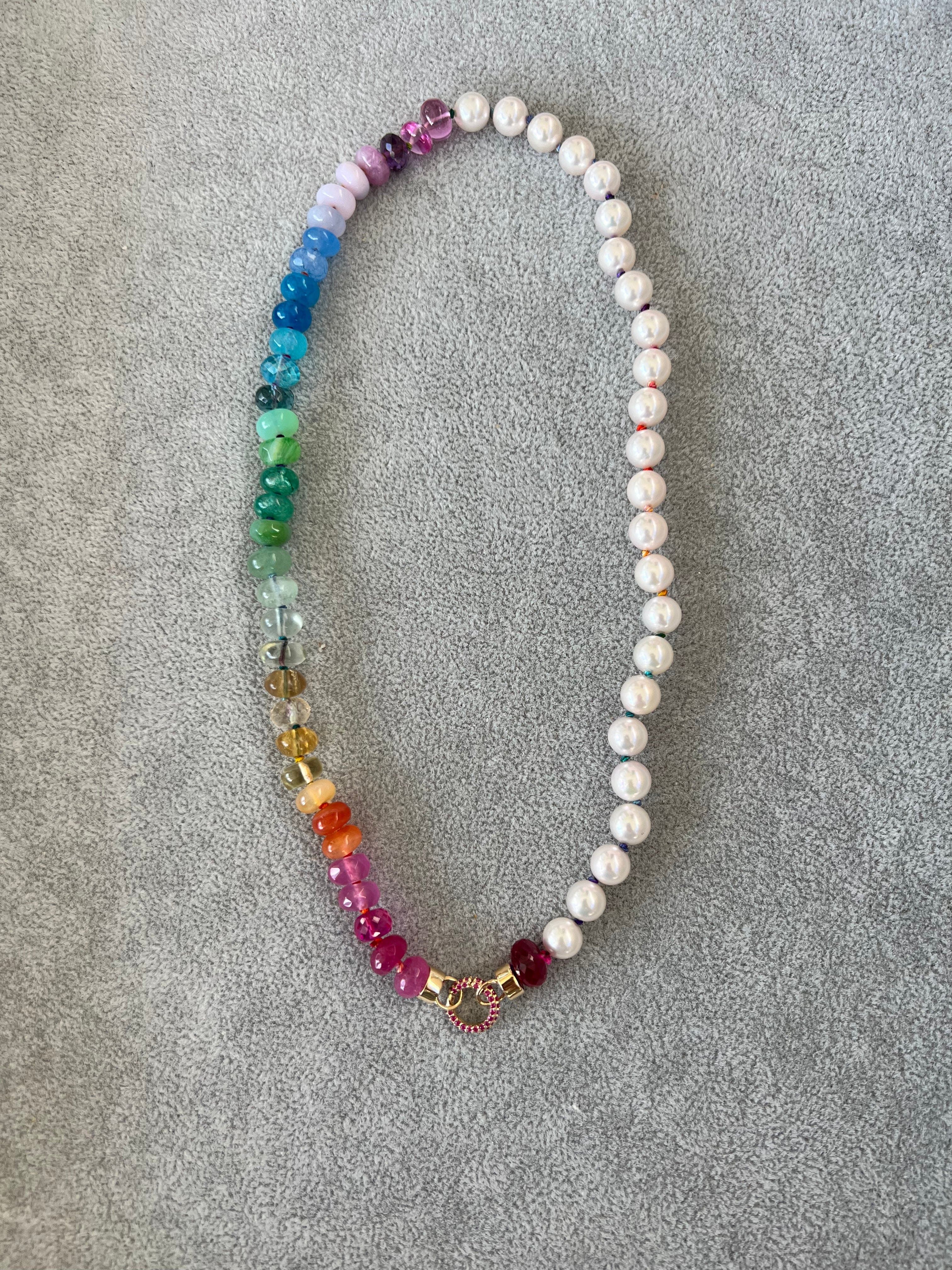 18” half pearl half gemstone strand on hand dyed rainbow thread with jeweled connector 14k gold... | Ellifox
