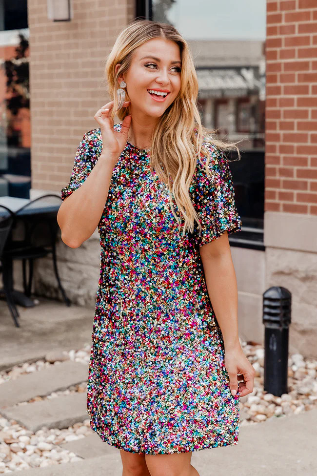 Just Be Honest Multi Color Sequin T-Shirt Dress | Pink Lily