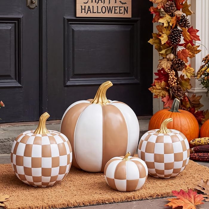 Lineshading 4 Pcs Large Fall Pumpkin Decor, Mocha and White Checkered Decor | Amazon (US)