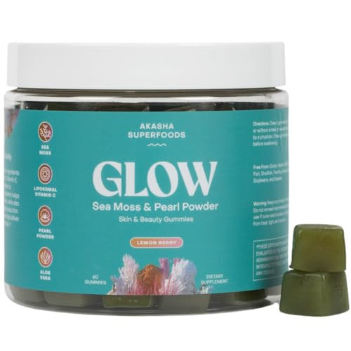Akasha Superfoods Sea Moss Glow Gummies, Hair, Skin & Nails Vitamins with Seamoss, Pearl Powder, Vitamin E, Aloe Vera, Liposomal Vitamin C, and Irish Sea Moss, Gummies for Women & Men, 60 Count | Amazon (US)
