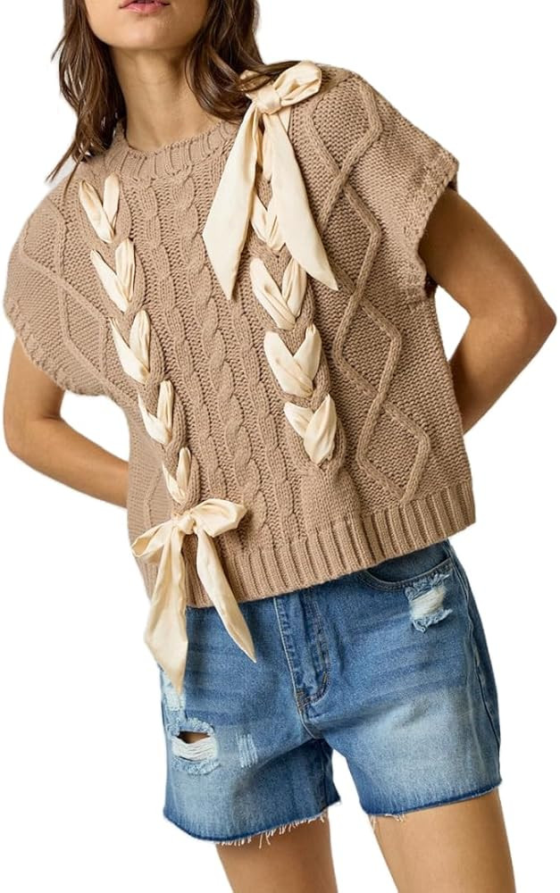 Women Sleeveless Lace Up Ribbon Sweater Mock Neck Cap Sleeve Knit Vest Cute Bow Crochet Pullover ... | Amazon (US)
