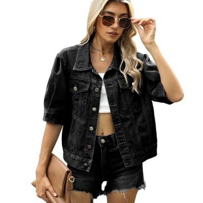 Coolmee Women's Fashion Jean Jacket Mid Length Puff Sleeve Front Button Down Collared Denim Jacket S Black Gray | Target
