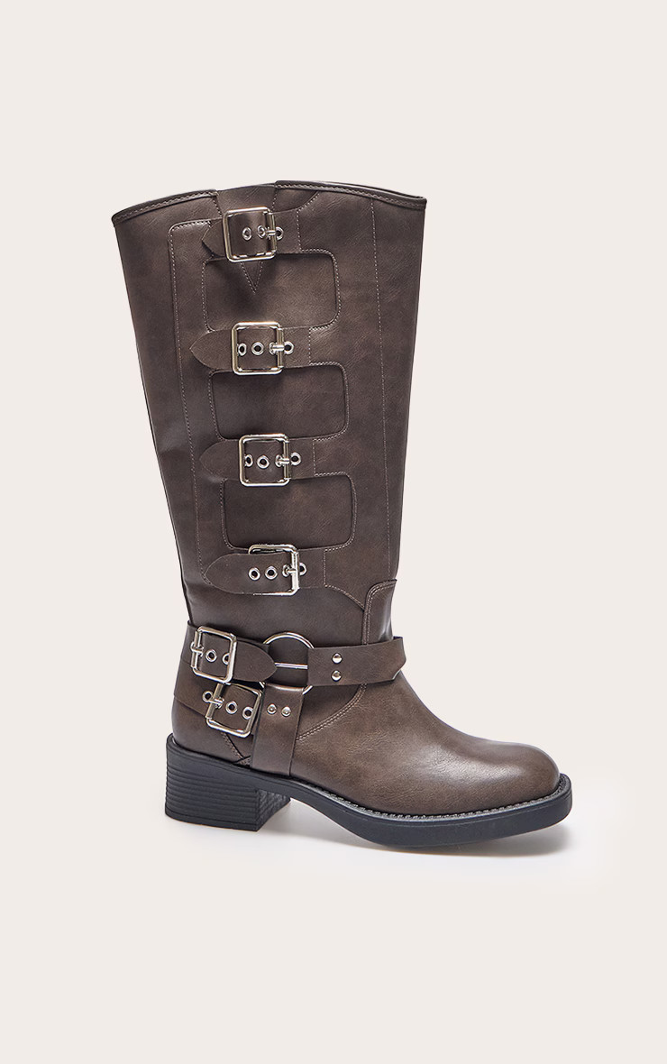 Brown Burnish Pu Round Toe Multi Buckle Harness Knee High Boots | PrettyLittleThing UK