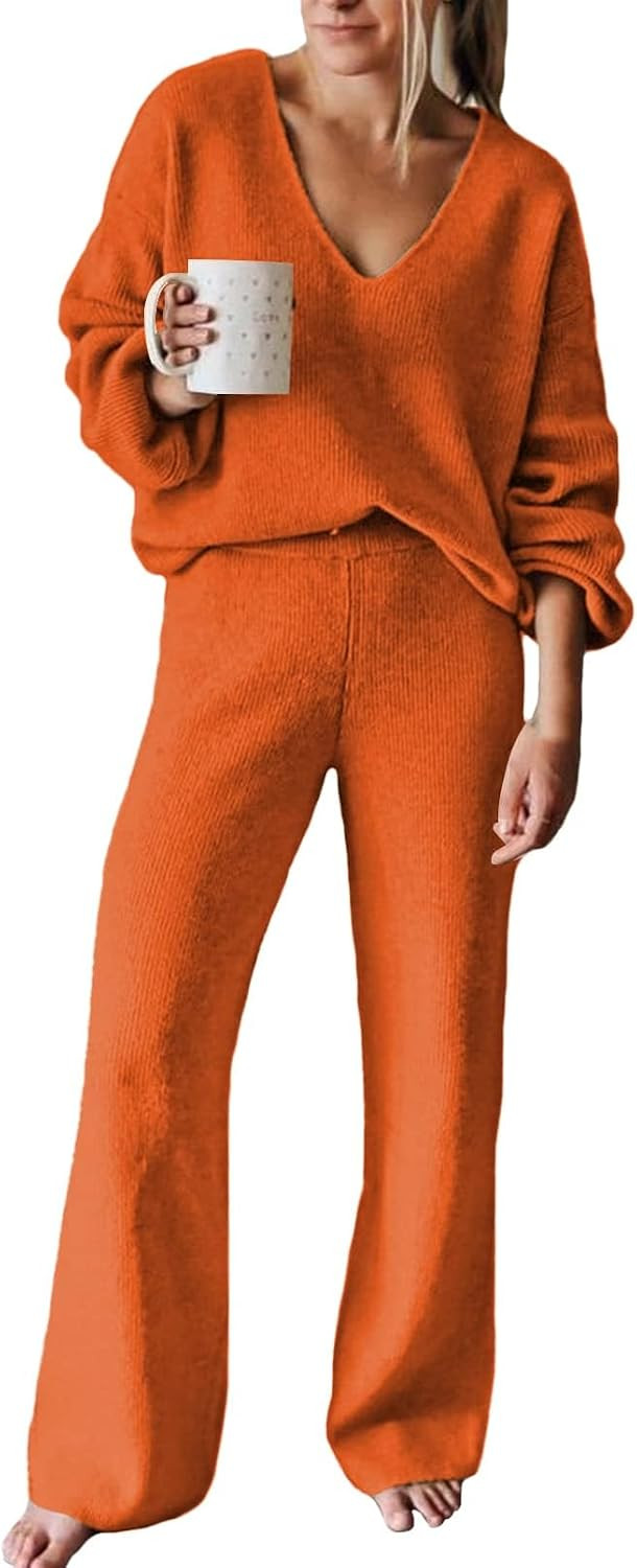 Fixmatti Women 2 Piece Knit Set Long Sleeve Pullover Sweater Top Wide Leg Pant Sweatsuit Outfits | Amazon (US)