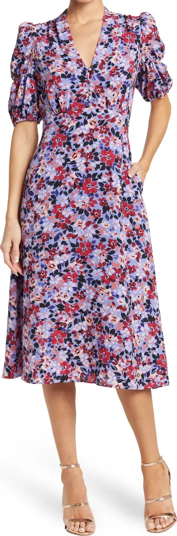 V-Neck Short Sleeve Pebble Crepe Midi Dress | Nordstrom Rack