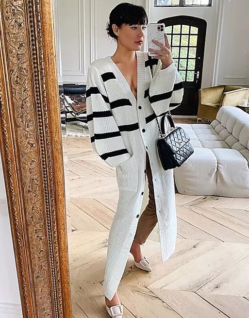 In The Style x Lorna Luxe long line cardigan with contrast stripe in white | ASOS (Global)