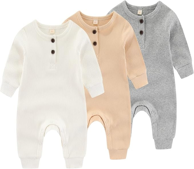 IADOER Newborn Baby Boys Girls One Piece Romper With Mitten Cuffs 3 Pack Long Sleeve Ribbed Butto... | Amazon (US)