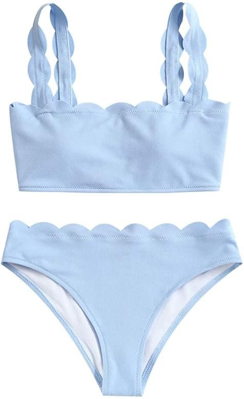 ZAFUL High Waisted Swimsuits for Women Scalloped Bikini Sets Back Lace-Up Tankini Sets Tummy Cont... | Amazon (US)