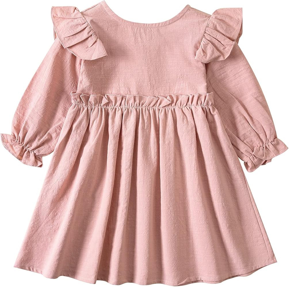 Goodplayer Toddler Girl Cotton Linen Dress Long Sleeve Ruffle Fall Dress Kids Solid Dresses Casua... | Amazon (US)
