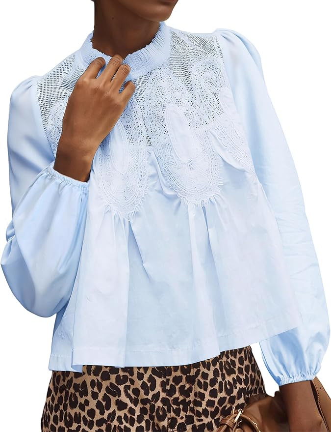 Lentta Women's Lace-Detail Flared Blouse Long Sleeve Crew Neck Poplin Mesh Swing Babydoll Tops El... | Amazon (US)