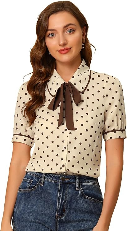 Allegra K Polka Dots Blouse for Women's Peter Pan Collar Bow Tie Neck Puff Sleeve Vintage Shirt T... | Amazon (US)
