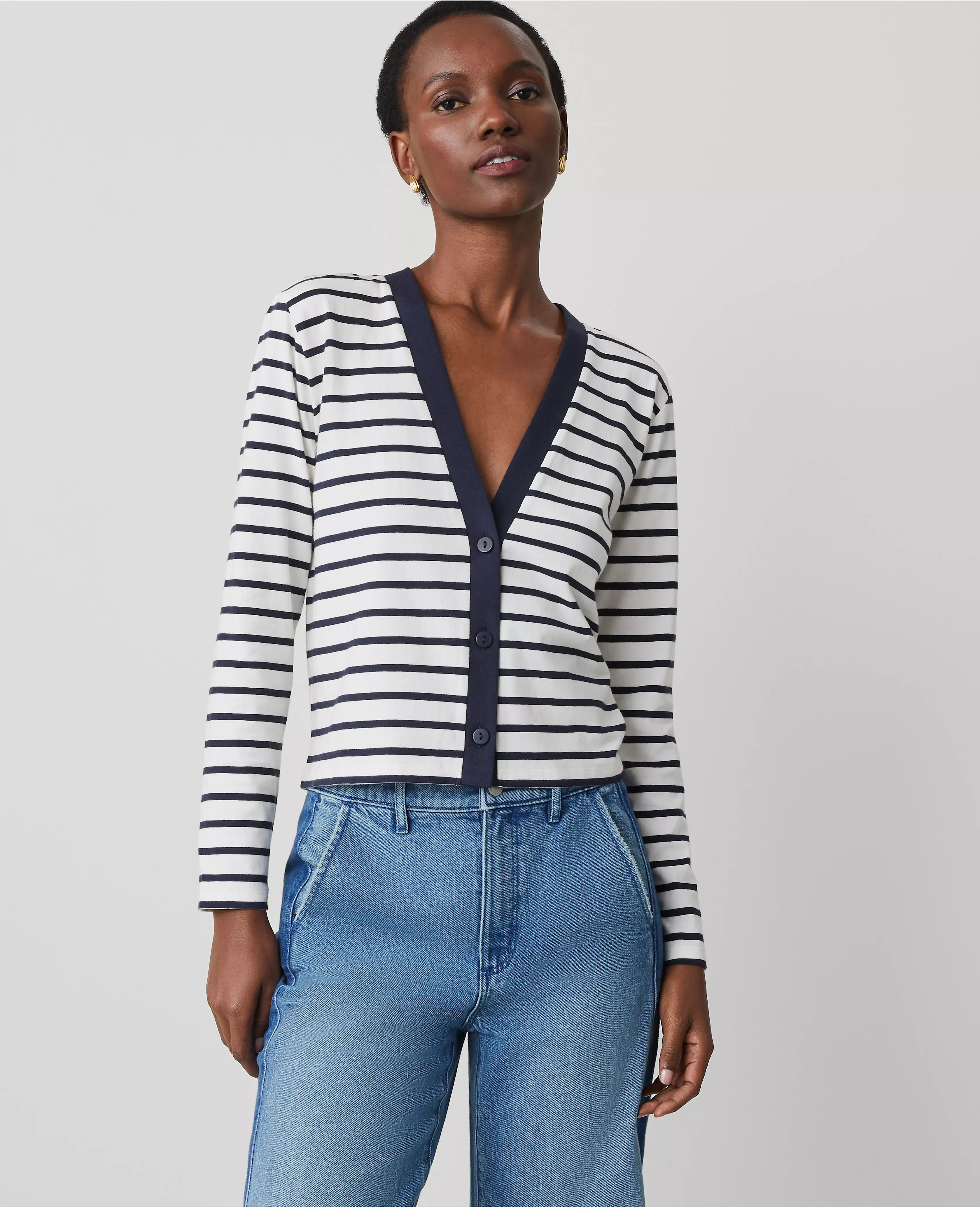 Striped V-Neck Cardigan | Ann Taylor