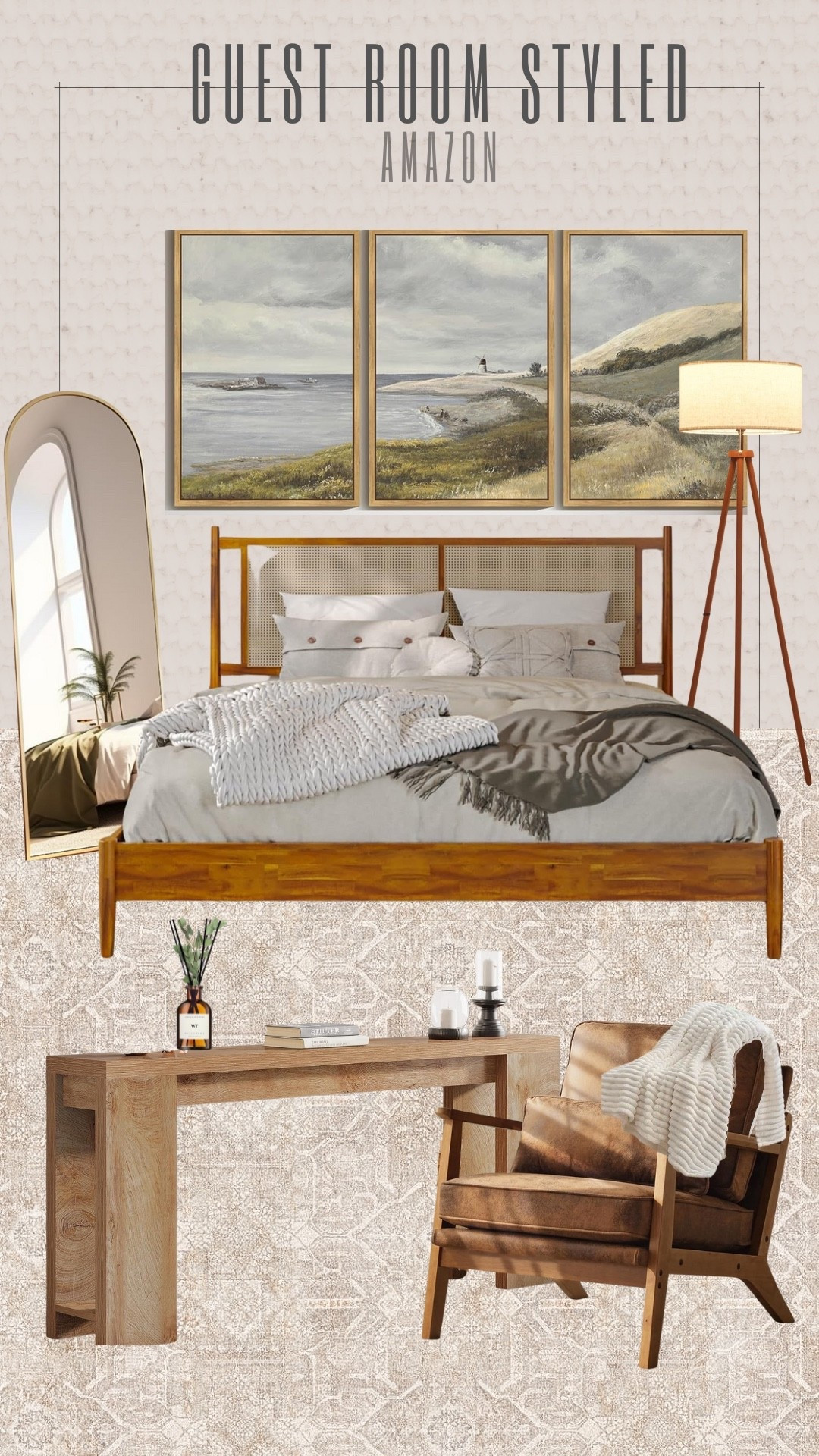 Effortless comfort meets elevated design. Soft neutral bedding, layered textures, and warm wood accents create a guest room that feels calm, welcoming and refined. The coastal-inspired artwork adds serenity while modern details like the floor lamp and accent chair complete the space with understated sophistication. Shop the full look and more guest room decor finds on Amazon. 
Guest room decor, Amazon home finds, neutral bedroom, guest room inspiration, cozy bedroom ideas, modern coastal style, warm coastal style, warm wood furniture, serene interiors, home styling, timeless decor 