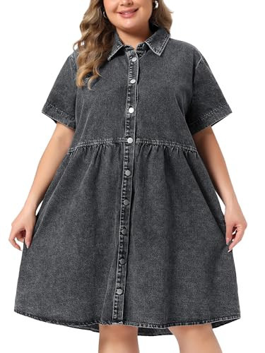 Agnes Orinda Women's Plus Size Denim Dress Babydoll Tiered Short Sleeve Button Down Jean Shirt Dresses 3X Dark Gray | Amazon (US)