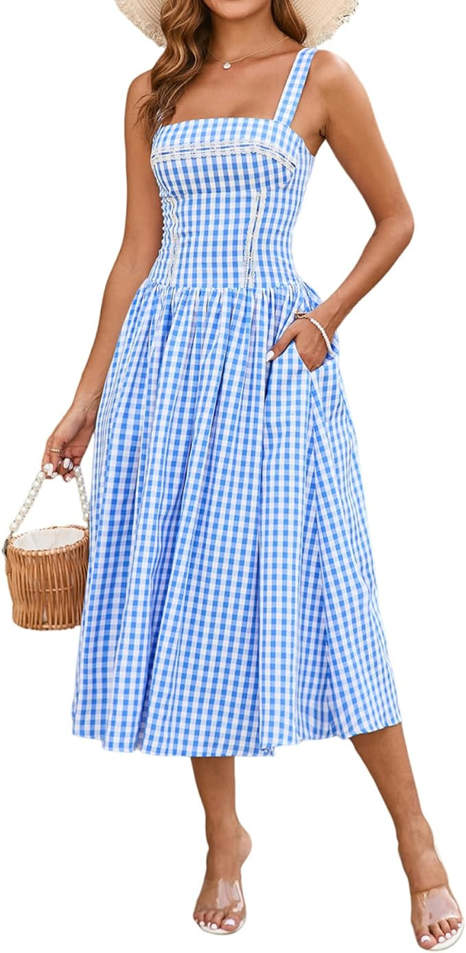 XinFSh Women's 2025 Summer Boho Midi Dress Plaid Square Neck Smocked Dresses Casual Flowy Beach V... | Amazon (US)