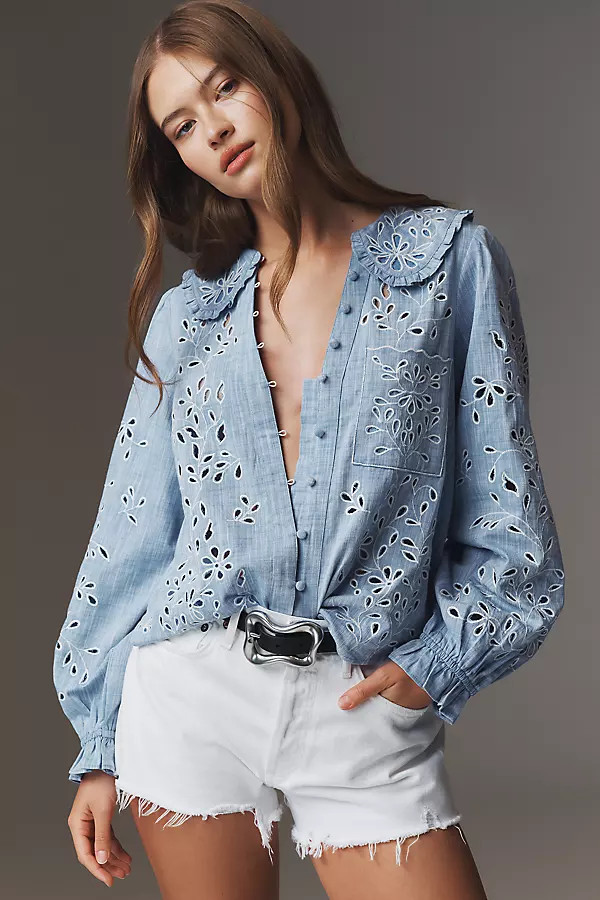 The Keira Collared Button-Front Blouse by Pilcro: Long-Sleeve Eyelet Edition | Anthropologie (US)