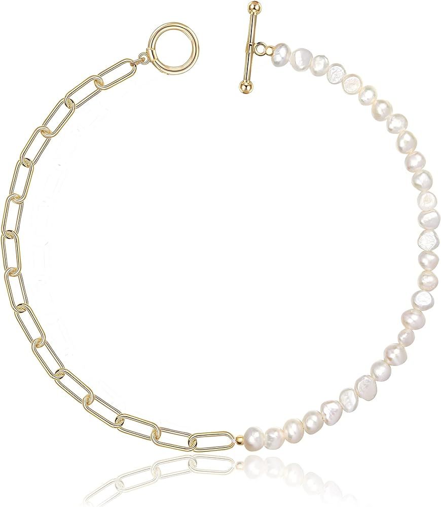 Cowlyn Paper Clip Pearl Necklace Vintage Chunky Link Chain Baroque Cultured Pearls 18K Gold Choker F | Amazon (US)