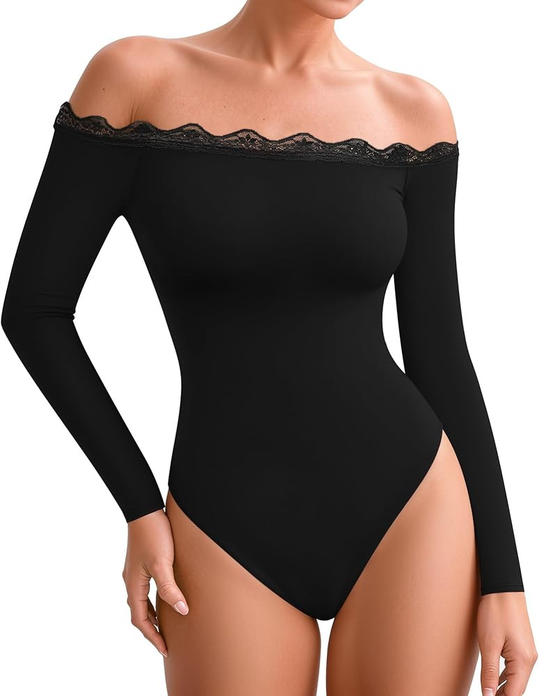 MANGOPOP Women's Off The Shoulder Long Sleeve Bodysuit Lace Body Suits Sexy Tops Fall Outfit 2025 | Amazon (US)