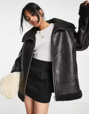 ASOS DESIGN faux leather bonded borg aviator jacket in dark brown | ASOS (Global)