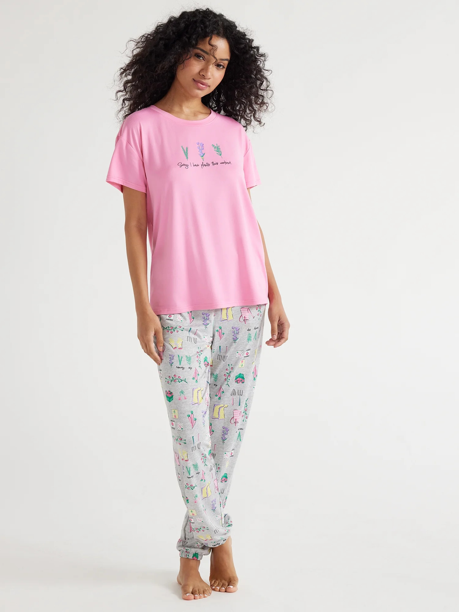 Joyspun Women's Short Sleeve Sleep Top and Jogger Pant Set, 2-Piece, Sizes S to 3X | Walmart (US)