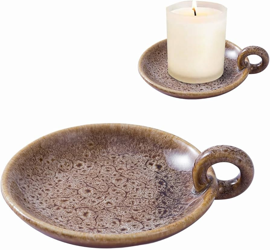 Vintage Ceramic Candle Holders with Handle, Mini Round Candlestick Holders Ceramics Plate Pedesta... | Amazon (US)