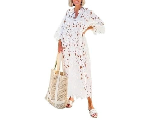 Troyn Women's Crochet Cover Ups Hollow Out Bikini Swimwear Cover Ups V Neck Long Sleeve Lace See Through Dress (Color : White, Size : Free size) | Amazon (US)