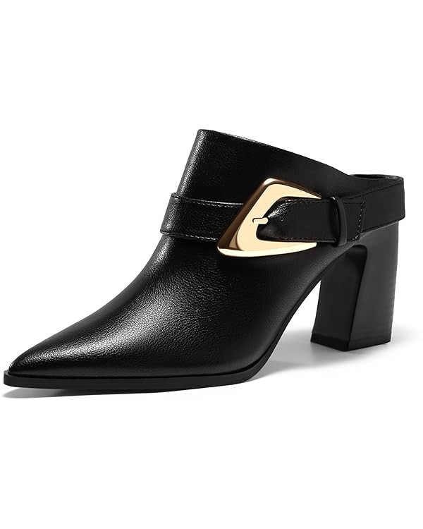 Coutgo Womens Mules Boots Chunky Stacked Heel Pointed Toe Booties Slip On Dress Boot Shoes with B... | Amazon (US)