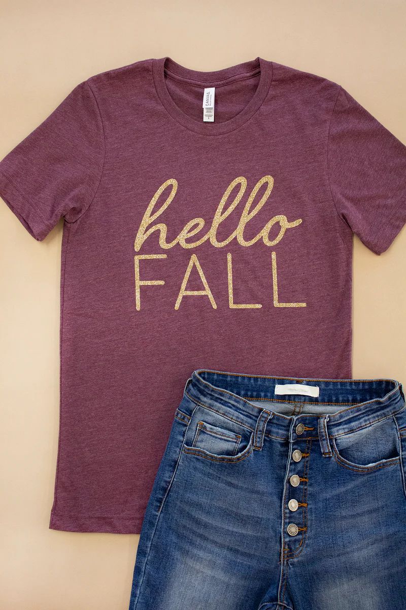 Hello Fall Gold Glitter Vinyl Graphic Tee | The Pink Lily Boutique