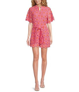 Lele Lace Tie-Front Belted Romper | Dillard's
