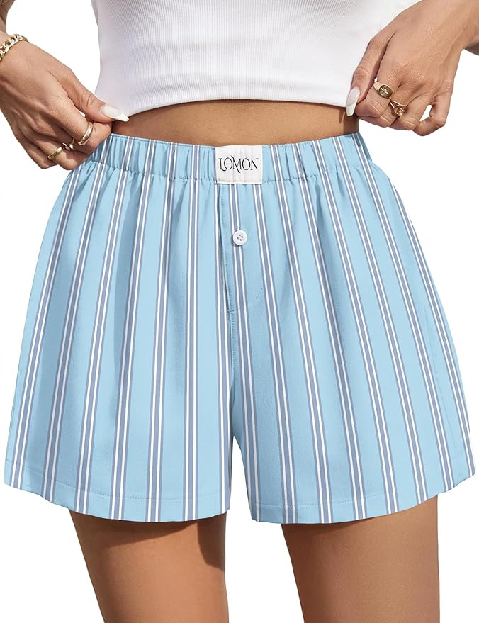 LOMON Womens Boxer Shorts Casual Summer Cotton Pajama Lounge Sleep Pj Gingham Plaid Shorts Y2K Be... | Amazon (US)