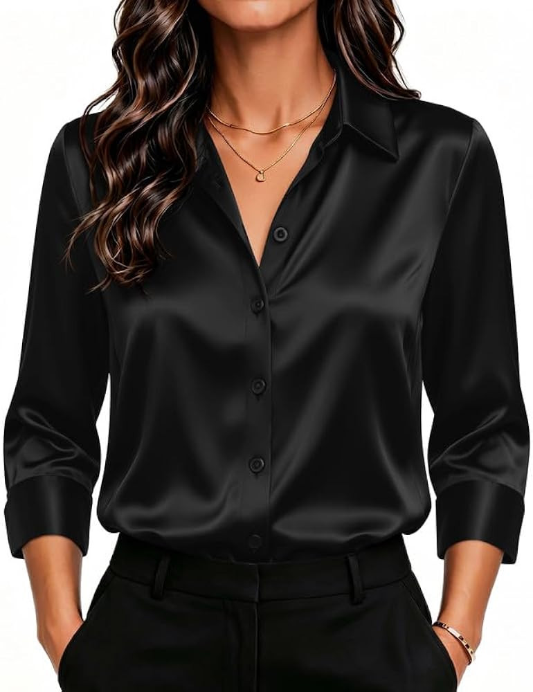 HOTOUCH Womens Satin Blouse Silk Button Down Shirts 3/4 Sleeve Casual Tops | Amazon (US)