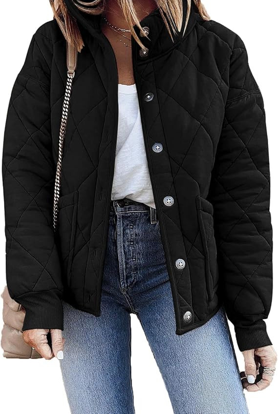Fazortev Womens Dolman Quilted Jackets Casual Button Down Winter Long Sleeve Stand Neck Lightweig... | Amazon (US)