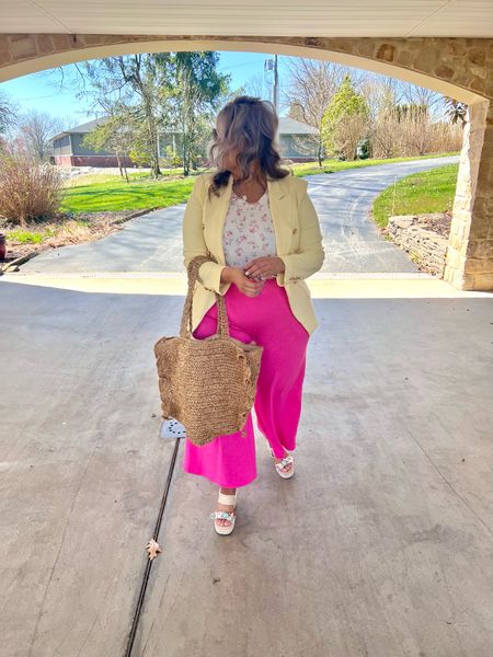 ✨SIZING•PRODUCT INFO✨
⏺ Yellow Double Breasted Blazer - wearing a medium but need a large @walmartfashion 
⏺ Wide Leg Sleep Pants - XL - TTS @walmartfashion but linked similar from @amazonfashion 
⏺ Raffia Tote @walmartfashion 
⏺ Betsey Johnson Beach Themed Chunky Heeled Sandals - TTS 
⏺ Gold Pendants @loft 
⏺ Floral Top •• mine no longer available from @walmartfashion but linked similar from @amazonfashion 

Blazer, double breasted blazer, yellow, pink, raffia, tote bag, floral, bodysuit, ruffle, wide leg pants, cropped pants, lounge pants, vacation, wedge sandals, heeled sandals

#walmart #walmartfashion #walmartstyle walmart finds, walmart outfit, walmart look  #amazon #amazonfind #amazonfinds #founditonamazon #amazonstyle #amazonfashion #blazer #blazerstyle #blazerfashion #blazerlook #blazeroutfit #blazeroutfitinspo #blazeroutfitinspiration #workwear #work #outfit #workwearoutfit #workwearstyle #workwearfashion #workwearinspo #workoutfit #workstyle #workoutfitinspo #workoutfitinspiration #worklook #workfashion #officelook #office #officeoutfit #officeoutfitinspo #officeoutfitinspiration #officestyle #workstyle #workfashion #officefashion #inspo #inspiration #slacks #trousers #professional #professionalstyle #professionaloutfit #professionaloutfitinspo #professionaloutfitinspiration #professionalfashion #professionallook #dresspants #pink #pinklook #lookswithpink #outfitwithpink #outfitsfeaturingpink #pinkaccent #pinkoutfit #pinkoutfits #outfitswithpink #pinkstyle #pinkoutfitideas #pinkoutfitinspo #pinkoutfitinspiration #spring #springstyle #springoutfit #springoutfitidea #springoutfitinspo #springoutfitinspiration #springlook #springfashion #springtops #springshirts #springsweater
#under10 #under20 #under30 #under40 #under50 #under60 #under75 #under100
#affordable #budget #inexpensive #size14 #size16 #size12 #medium #large #extralarge #xl #curvy #midsize #pear #pearshape #pearshaped
budget fashion, affordable fashion, budget style, affordable style, curvy style, curvy fashion, midsize style, midsize fashion


#LTKFindsUnder50 #LTKStyleTip #LTKMidsize