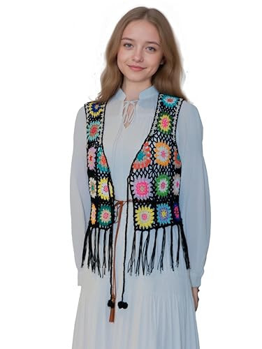 kunying Handmade African Flower Crochet Vest with Fringe for Women & Teens - Boho Granny Square Open-Front Cover-Up, Lightweight Summer Beach Vest with Tassel Details (Black) - Y2K Boho Chic Fashion | Amazon (US)