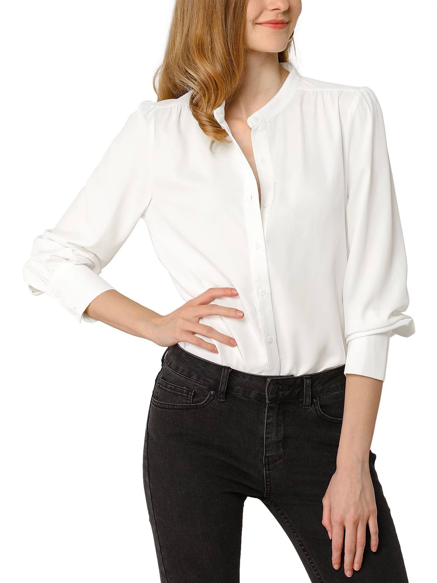 Allegra K Women's Stand Collar Button Down Long Sleeve Shirts | Walmart (US)