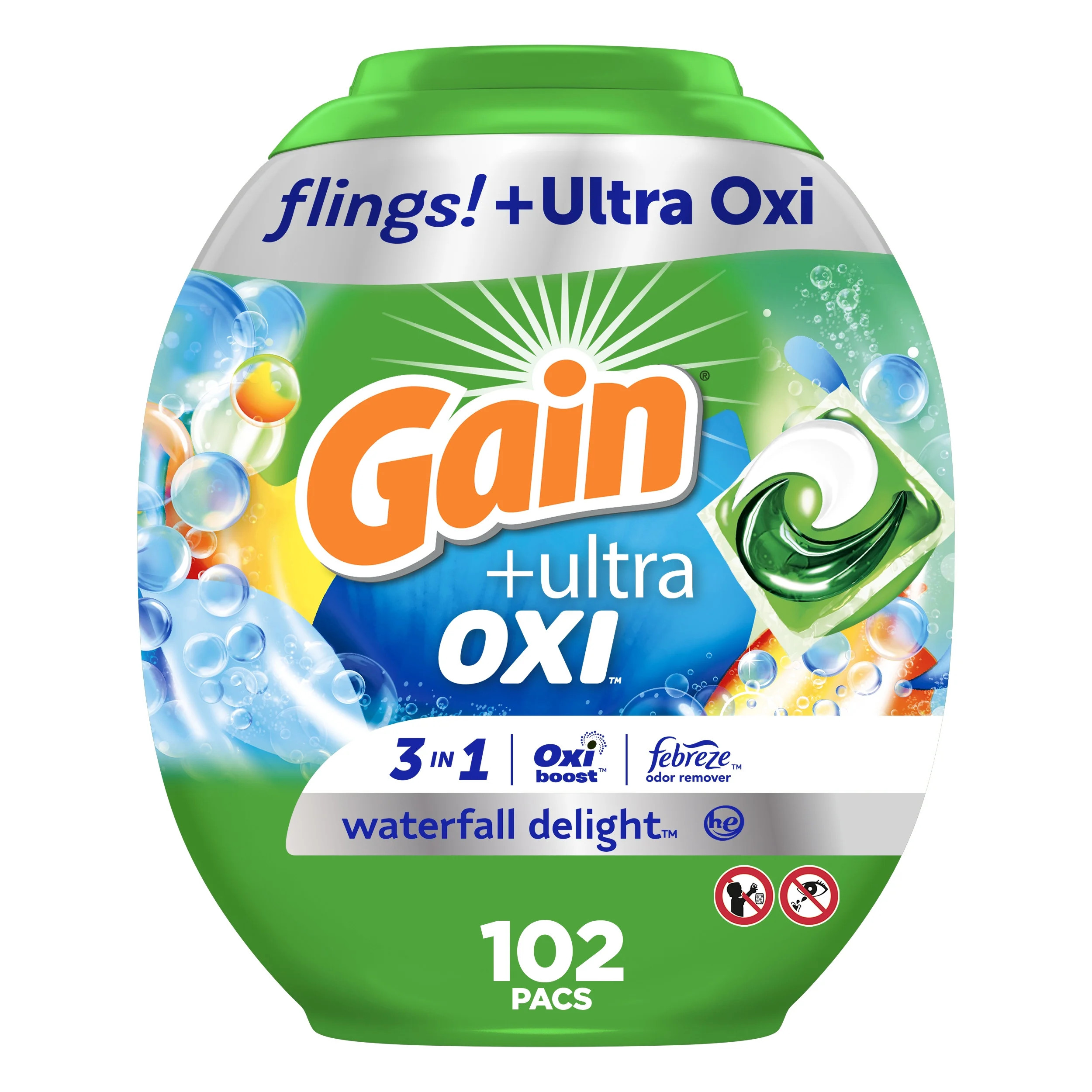Gain Flings Ultra Oxi Laundry Detergent Pacs, Waterfall Delight Scent, 102 Count | Walmart (US)