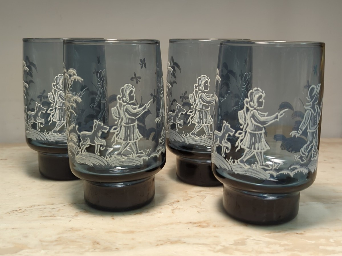 MCM Set of 4 70's LIBBEY Tumblers Glass Blue White Embossed Boy Girl Dog | eBay | eBay US