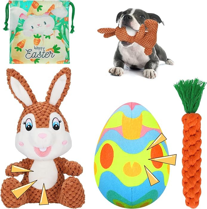 4 Pcs Easter Dog Squeaky Toys, Plush Easter Egg Dog Toy Bunny Toys with Crinkle Paper Interactive... | Amazon (US)