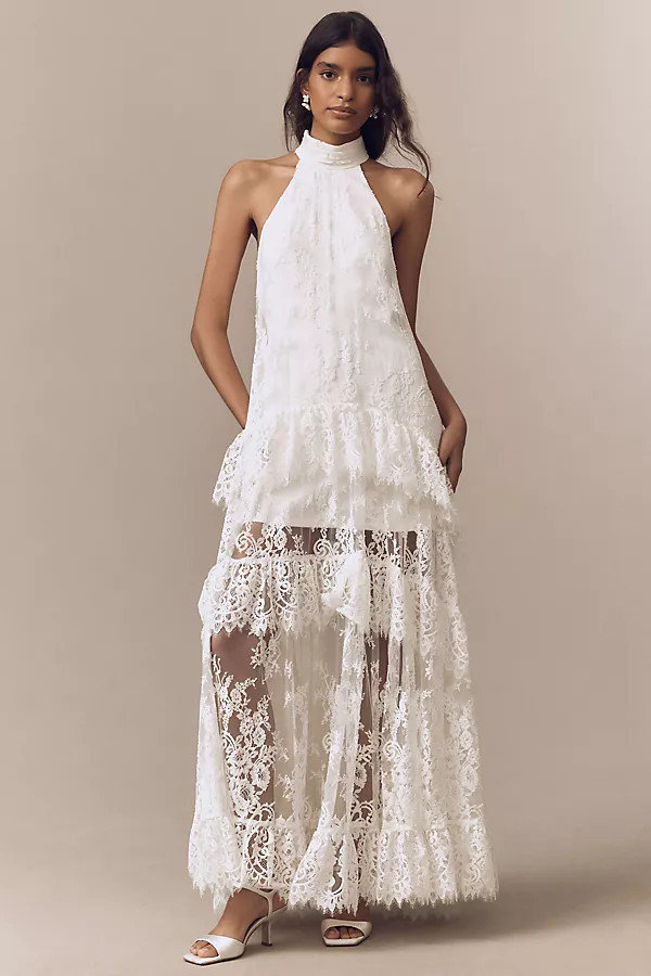 Lace Halter Ruffle Peekaboo Maxi Dress | Anthropologie (US)