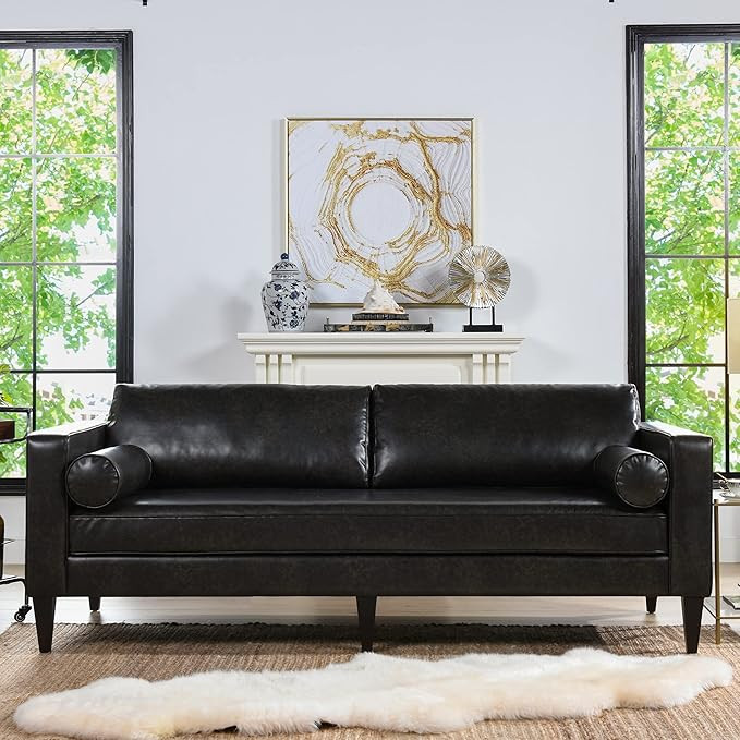 Jennifer Taylor Home Nicholi 84" Mid-Century Modern Sofa, Vintage Black Brown Faux Leather | Amazon (US)