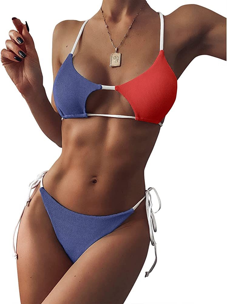 ZAFUL Women's Ribbed Cut Out Bikini Set String Swimwear Sexy Brazilian Thong Bikini Two Piece Swi... | Amazon (US)
