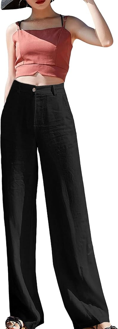 Hooever Womens Cotton Linen Pants Casual Button Up High Waisted Wide Leg Trousers | Amazon (US)