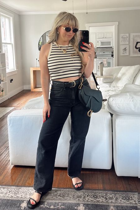 Casual summer outfit - striped high neck tank and my favorite black jeans with gold accessories for a lunch date with my sisters! 

#LTKStyleTip #LTKFindsUnder50 #LTKFindsUnder100