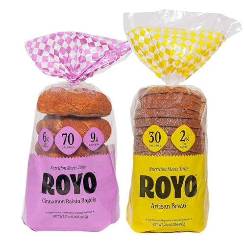 ROYO BREAD CO. 2-Pack Low Carb Artisan Bread and Bagels, 30-80 Calories (Cinnamon Raisin Bagel & Artisan Bread) | Amazon (US)