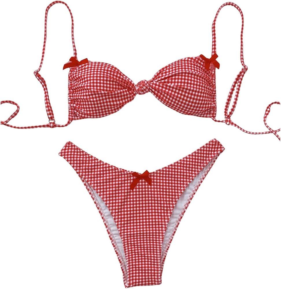 Milumia Women's Y2k Gingham Print Bikini Swimsuit 2 Piece Bow Decor Bathing Suits | Amazon (US)