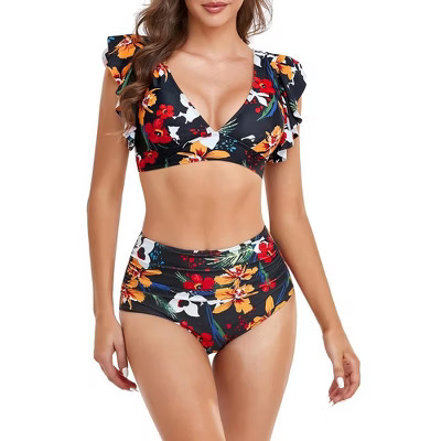 Women's V Neck Bikini Set Two Piece Ruffled Top Bathing Suits U Back Swimwear with High Waisted R... | Target