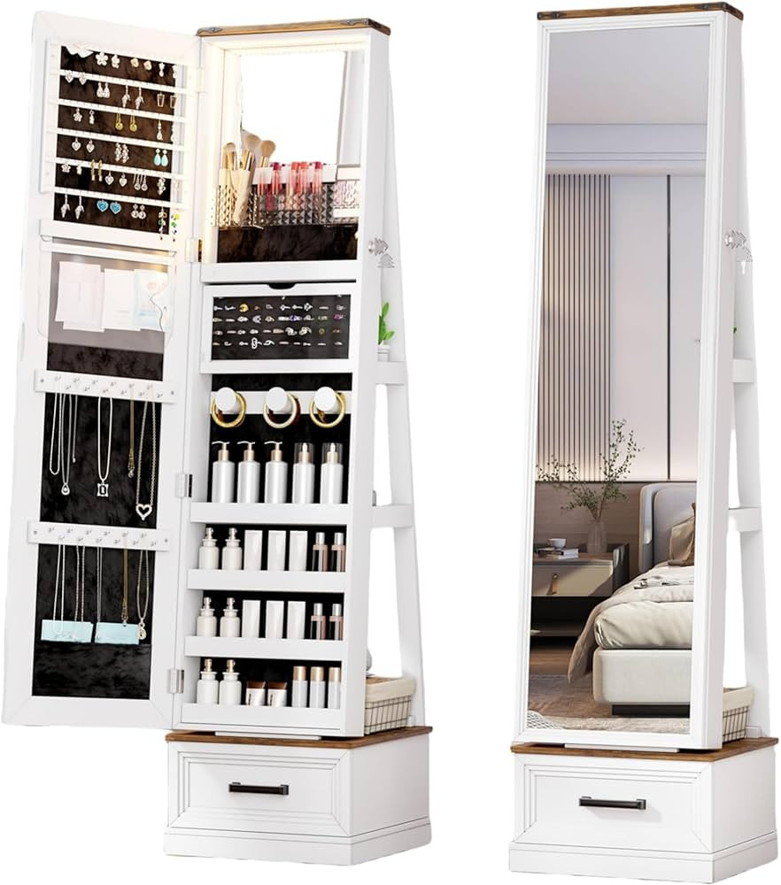 Jewelry Mirror Cabinet, 61” Jewelry Organizer with 3 Color LED Light, Standing Jewelry Armoire ... | Amazon (US)